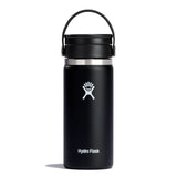 Black Hydro Flask water bottle with white logo on a white background