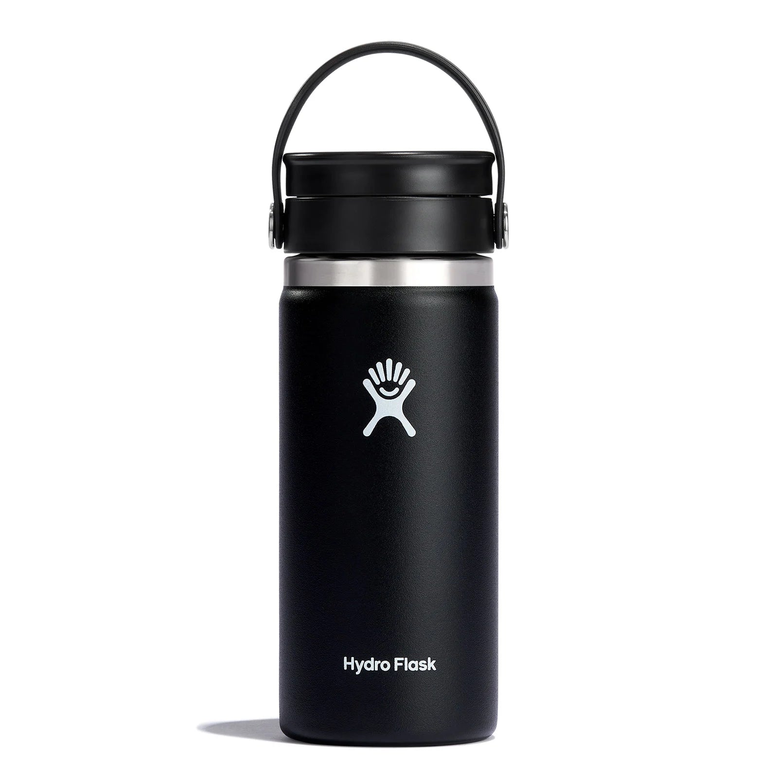 Black Hydro Flask water bottle with white logo on a white background