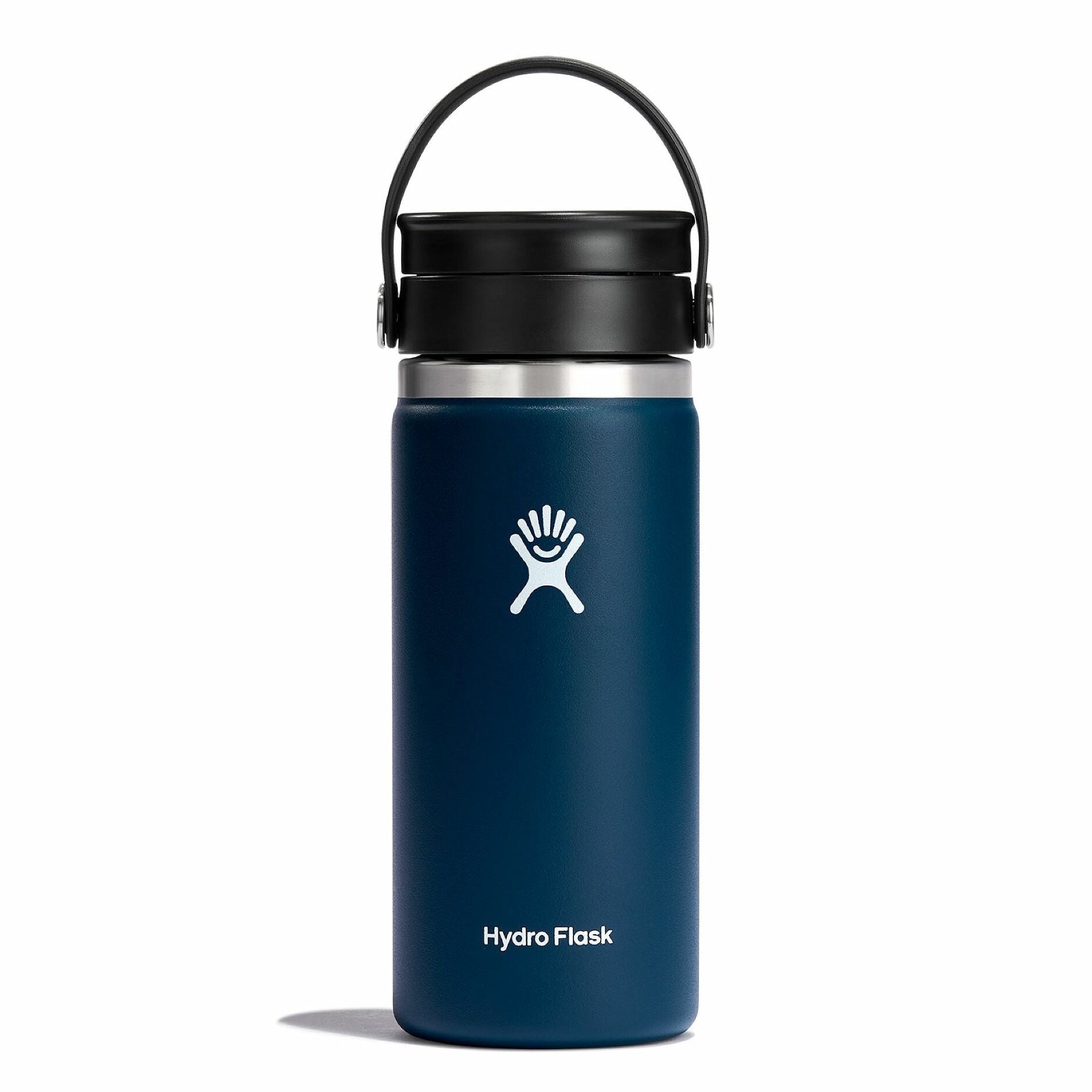 Blue Hydro Flask water bottle with black lid on a white background
