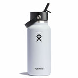 White Hydro Flask water bottle with black lid on a white background