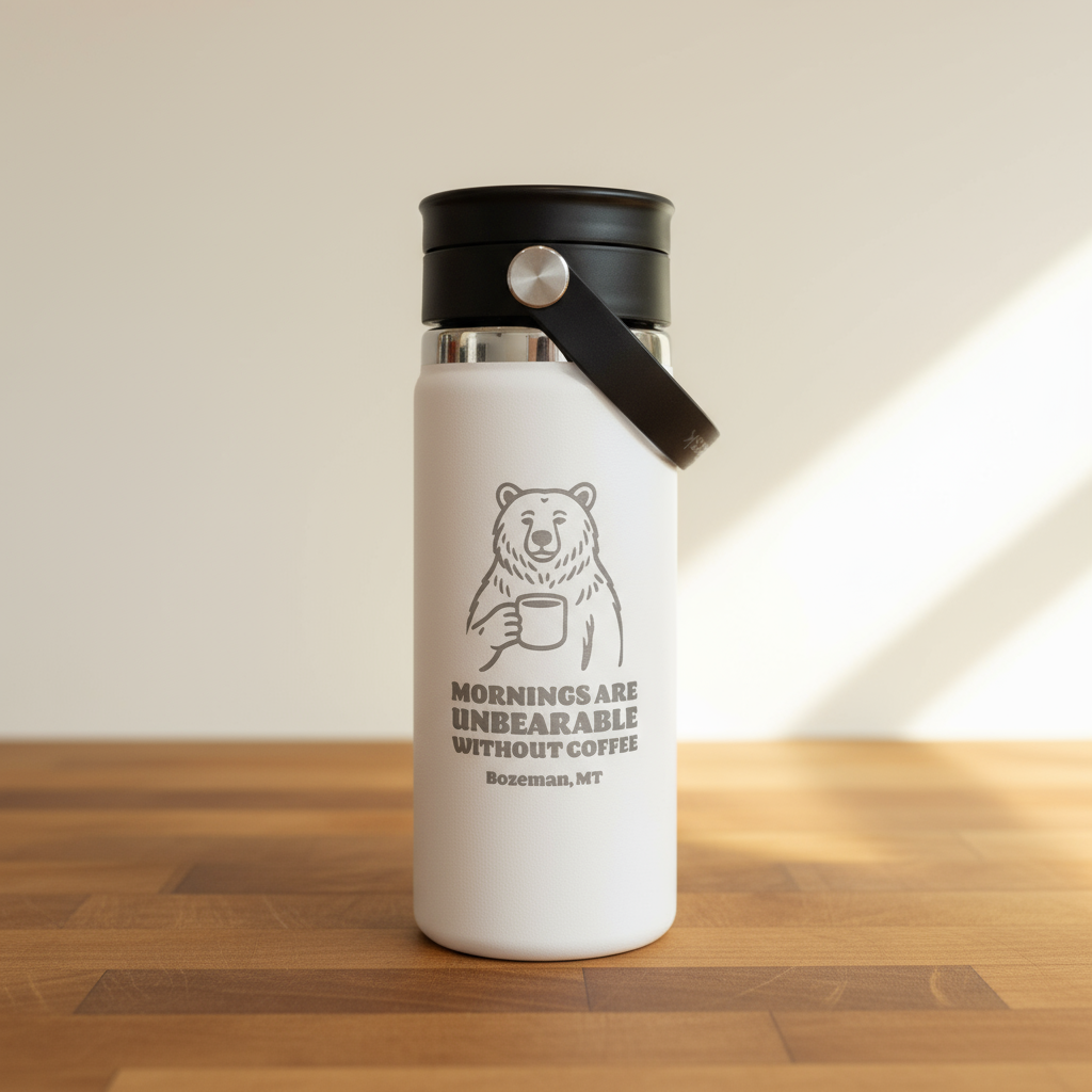 White insulated coffee cup with black lid and bear graphic on a wooden surface