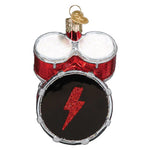 Decorative ornament shaped like a drum set with a red lightning bolt on a white background