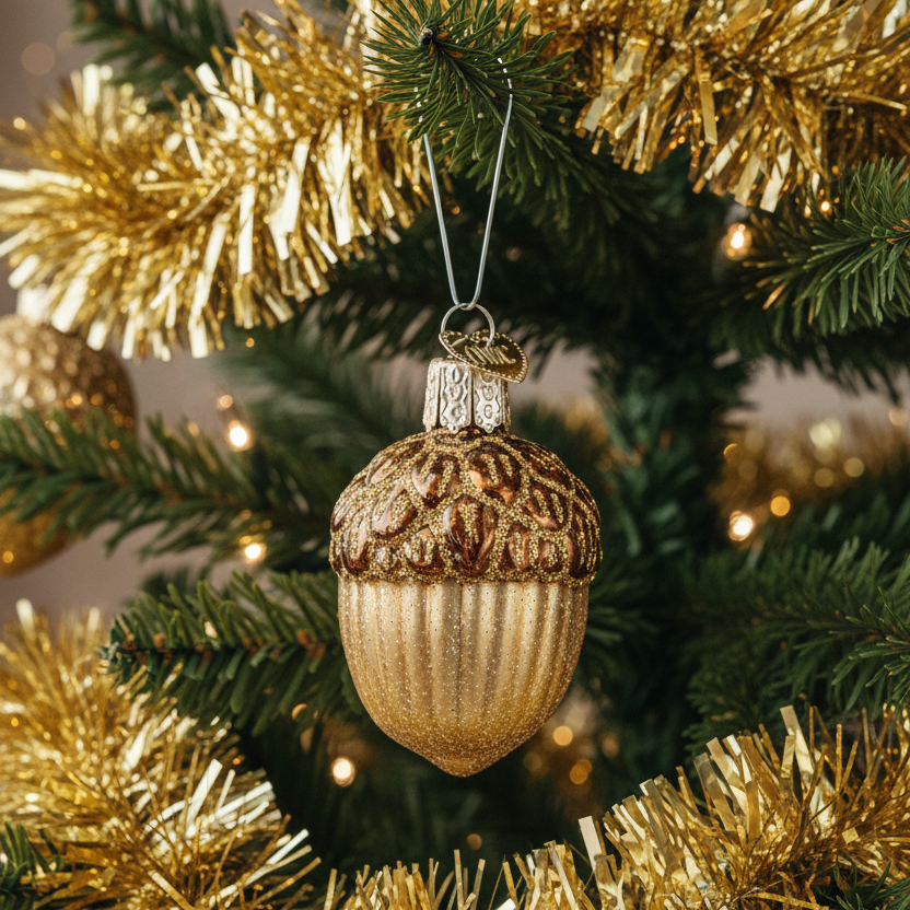 A gold and bronze acorn Christmas ornament hanging from a green Christmas tree branch with gold tinsel and warm string lights in the background.