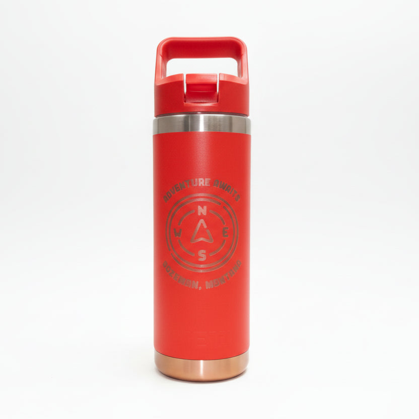 Red insulated water bottle with a logo on a wooden surface