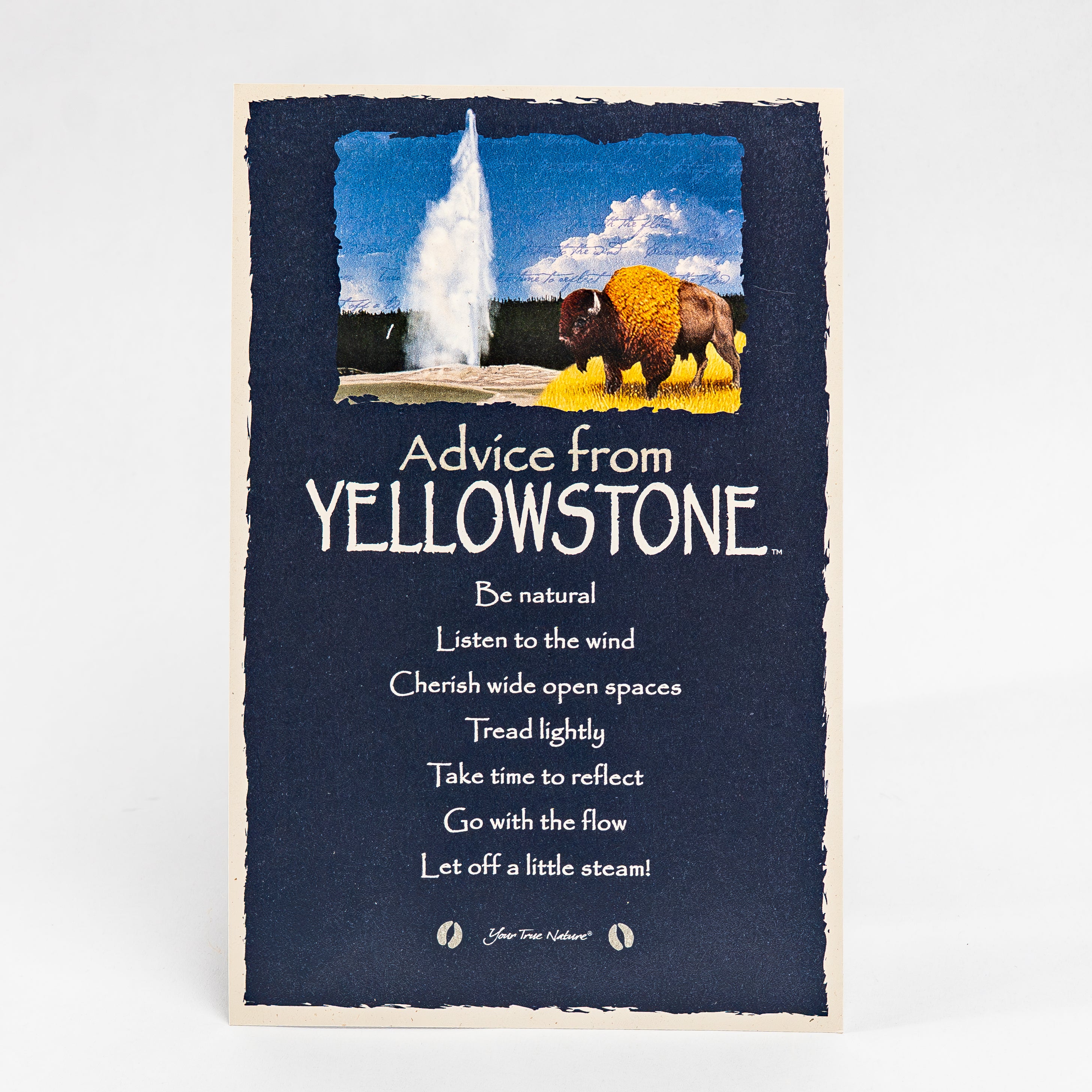 A square art print or book cover titled "Advice from YELLOWSTONE" with a dark navy background, a small Yellowstone bison and hot spring illustration at the top, and a poem printed in white text. It is photographed standing upright against a clean white background.