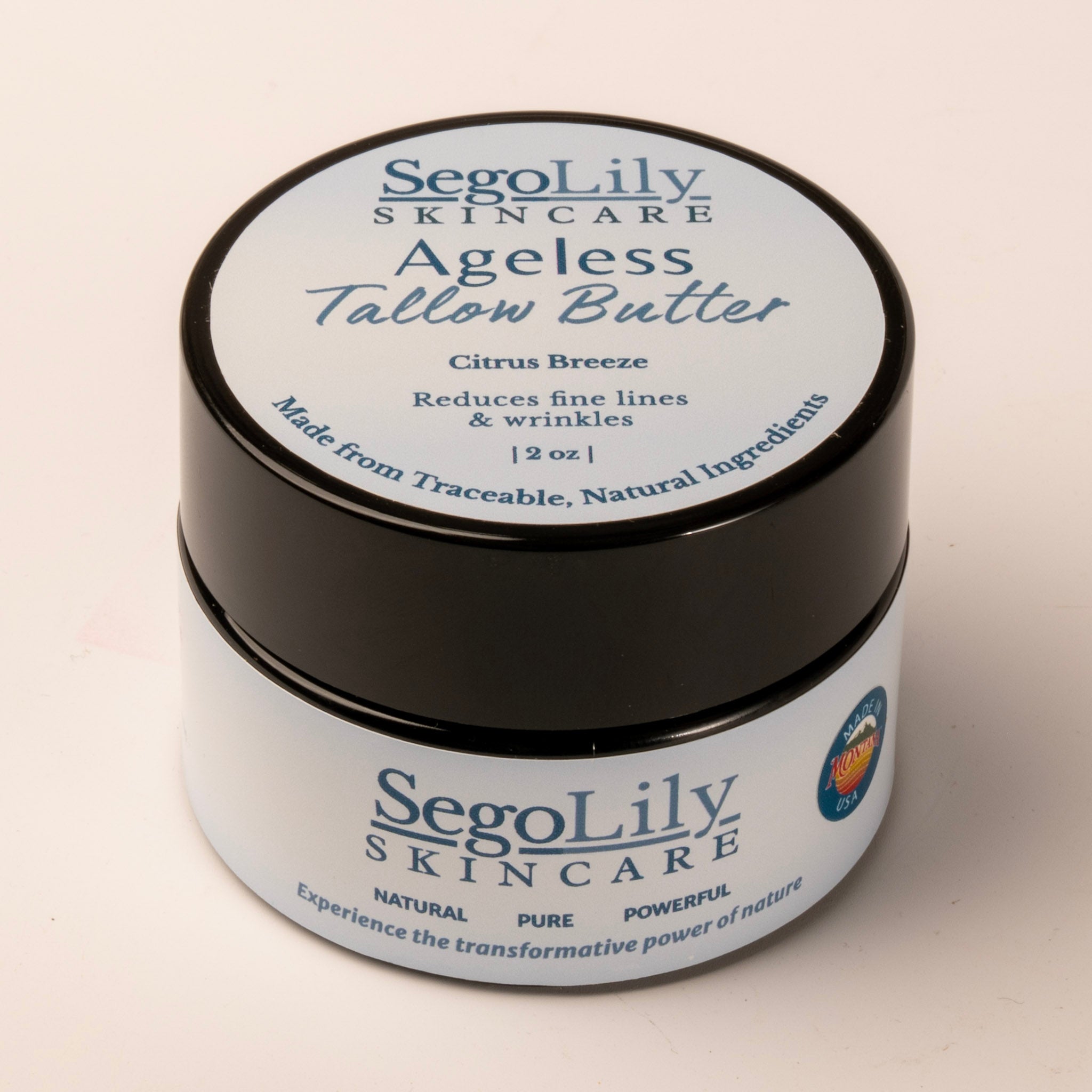 Jar of SegoLily Skincare Ageless Tallow Butter on a beige background