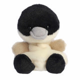 Plush toy penguin with black, white, and brown colors on a white background