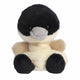 Plush toy penguin with black, white, and brown colors on a white background