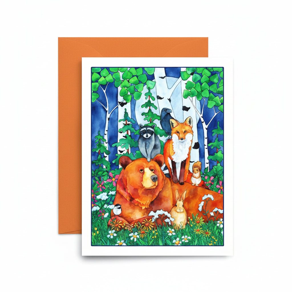 A square greeting card with a colorful watercolor-style forest scene featuring a bear, fox, raccoon, rabbit, and birds, shown with an orange envelope on a light wood surface.