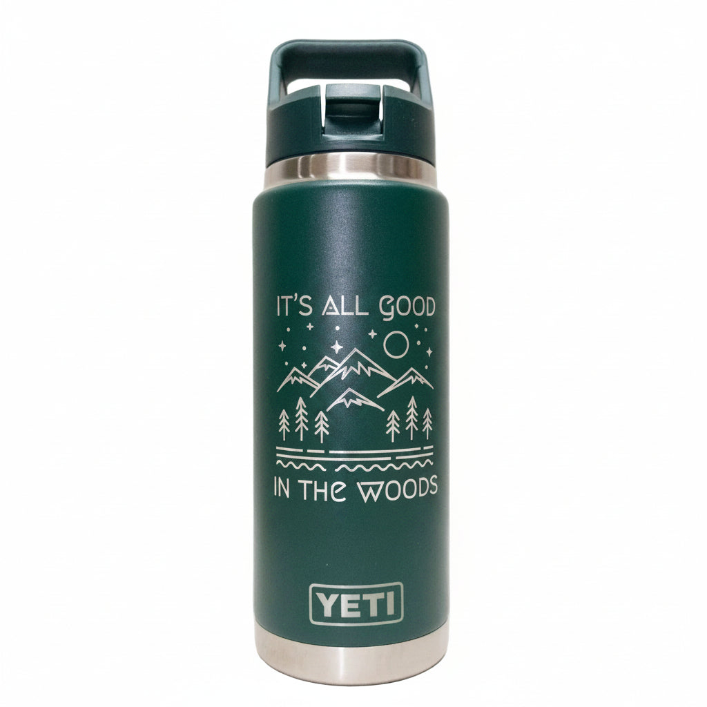 Green YETI water bottle with nature-themed design on a white background