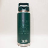 Green YETI water bottle with nature-themed design on a white background