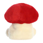 Plush toy shaped like a mushroom with a red cap and white body on a white background