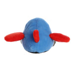 Back of a blue plush toy with red accents on a white background