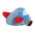 Blue plush toy with red accents on a white background