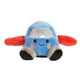 Blue plush toy airplane with red wings on a white background