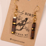 Aubergine and Black Patterned Tila Bead Dangle Earrings - close up