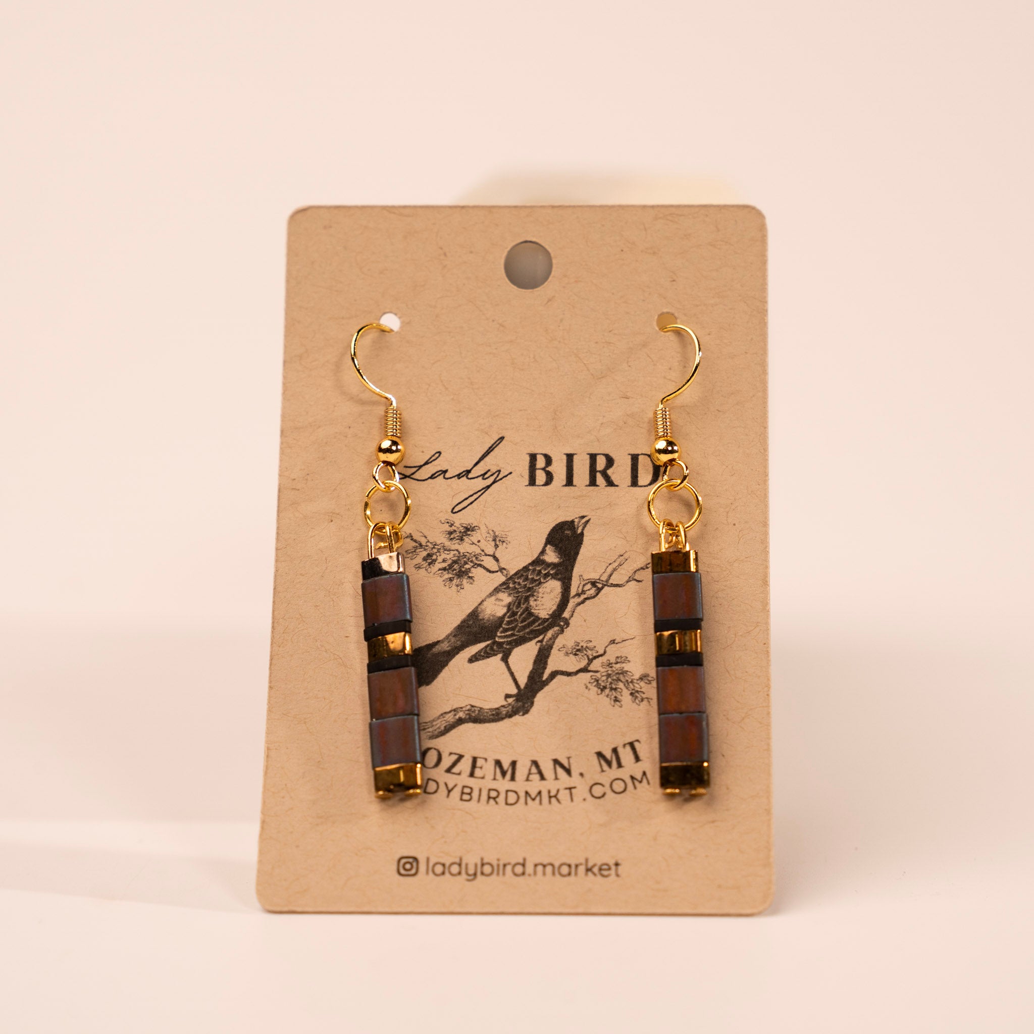Aubergine and Black Patterned Tila Bead Dangle Earrings