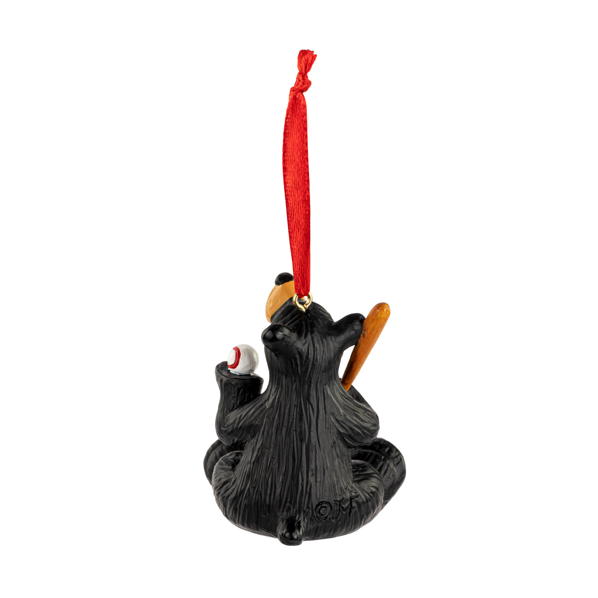 Black bear ornament with red ribbon on a white background