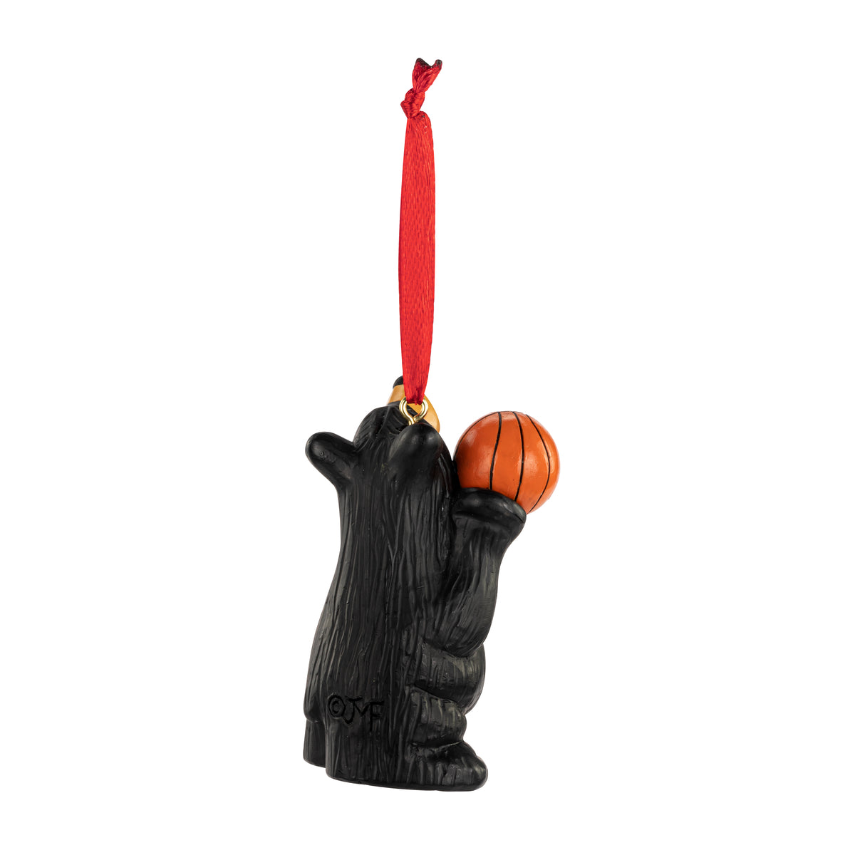 Ornament shaped like a bear paw holding a basketball with a red ribbon on a white background