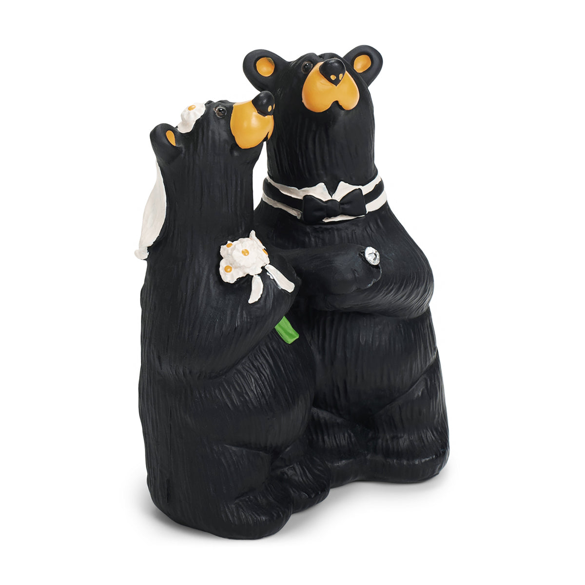 Black bear figurines in wedding attire with a white background