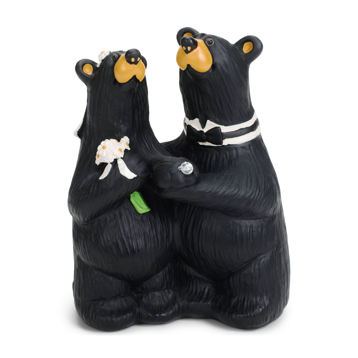 Two black bear figurines holding hands with decorative elements on a white background