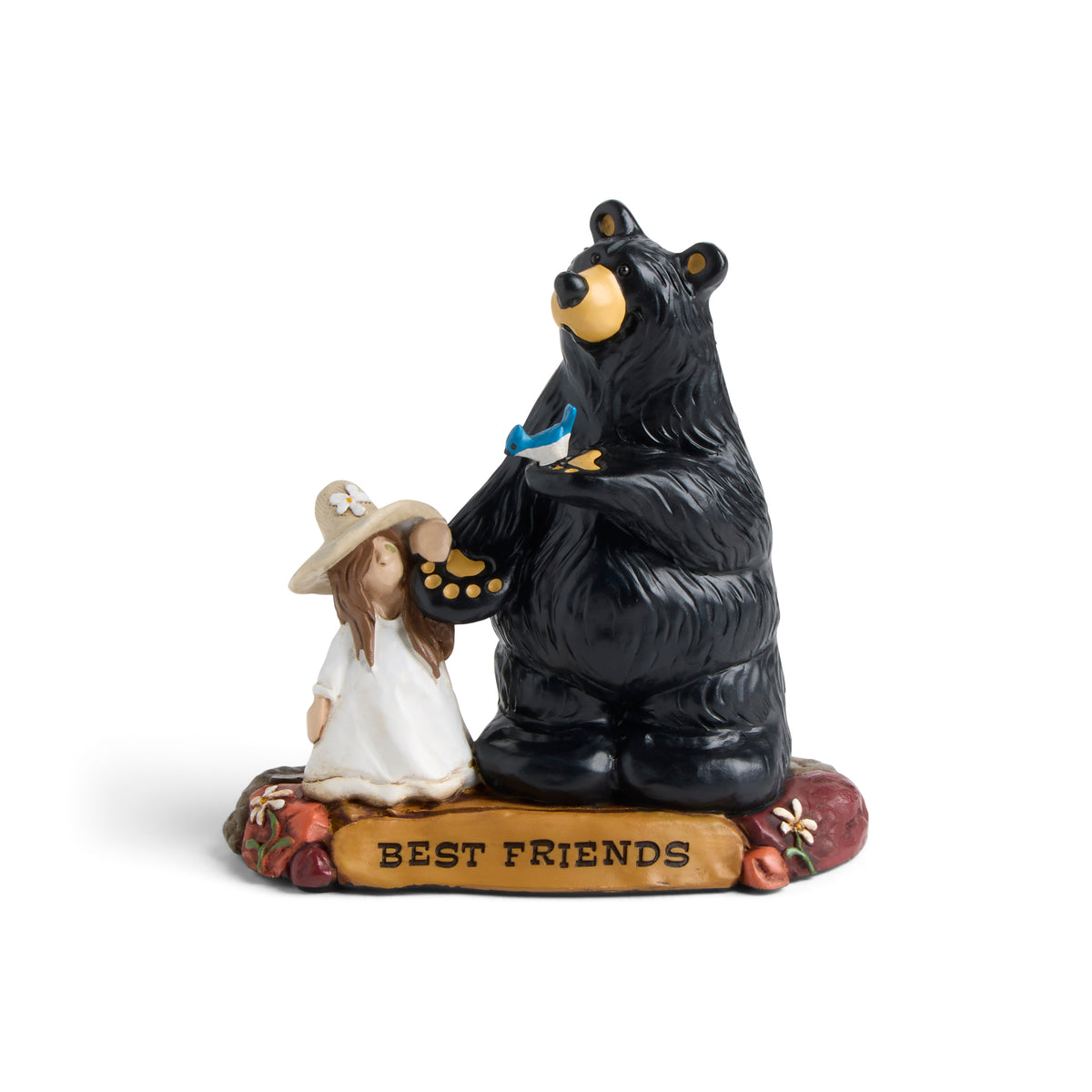 Figurine of a bear and a girl with 'Best Friends' text on a white background