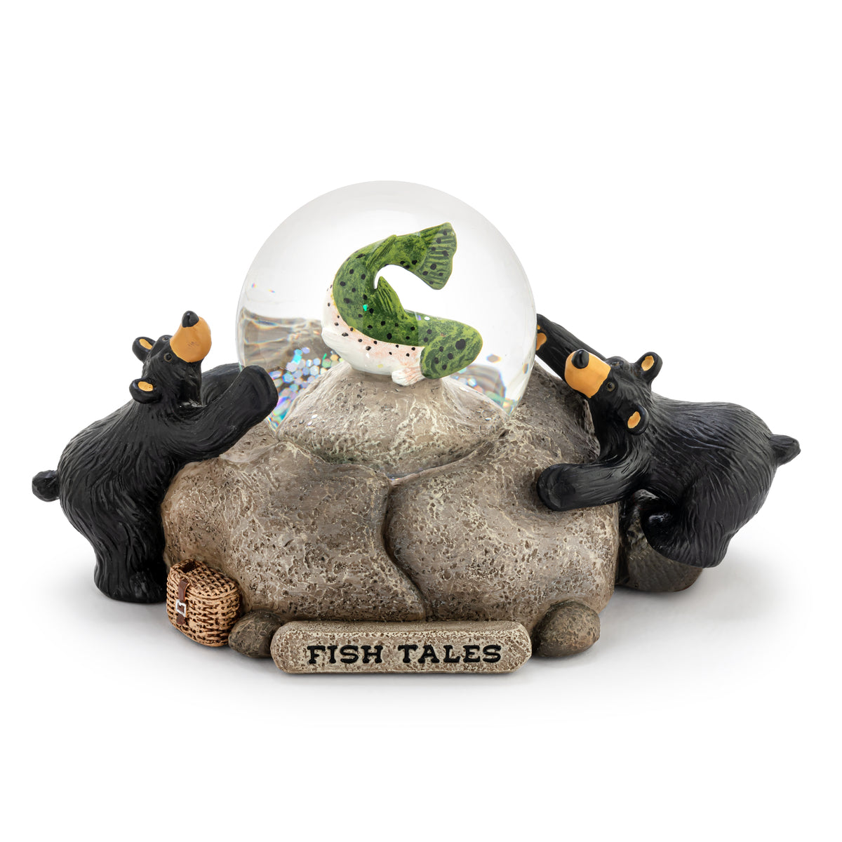 Decorative figurine with two bears and a snow globe labeled 'Fish Tales' on a white background