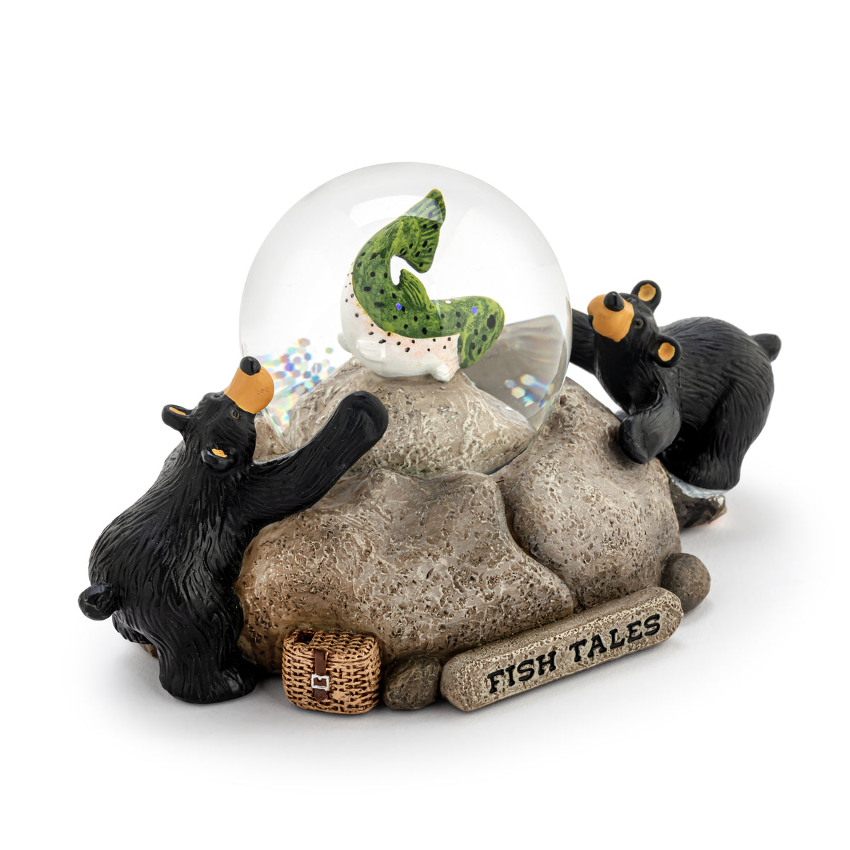 Decorative figurine with two bears around a rock and water globe on a white background