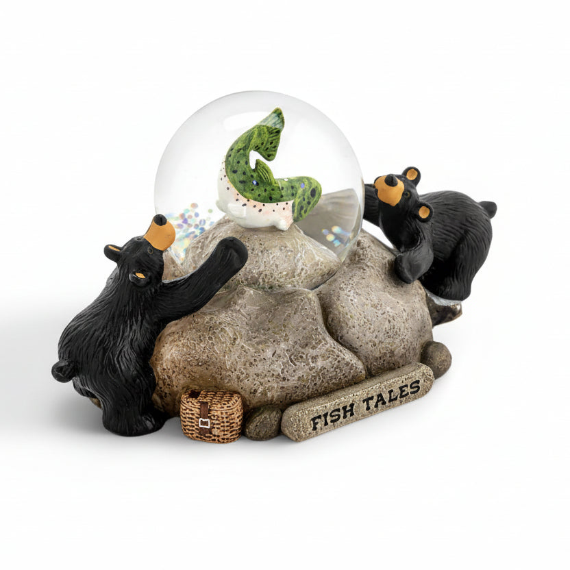 Decorative figurine with two bears around a rock and water globe on a white background