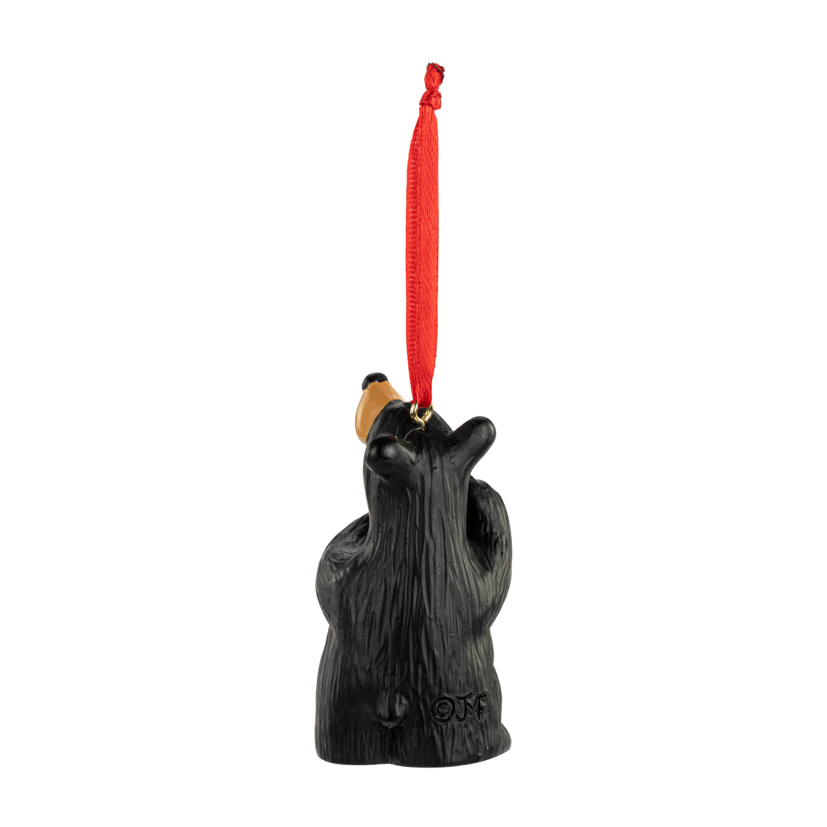 Black bear ornament with a red ribbon on a white background