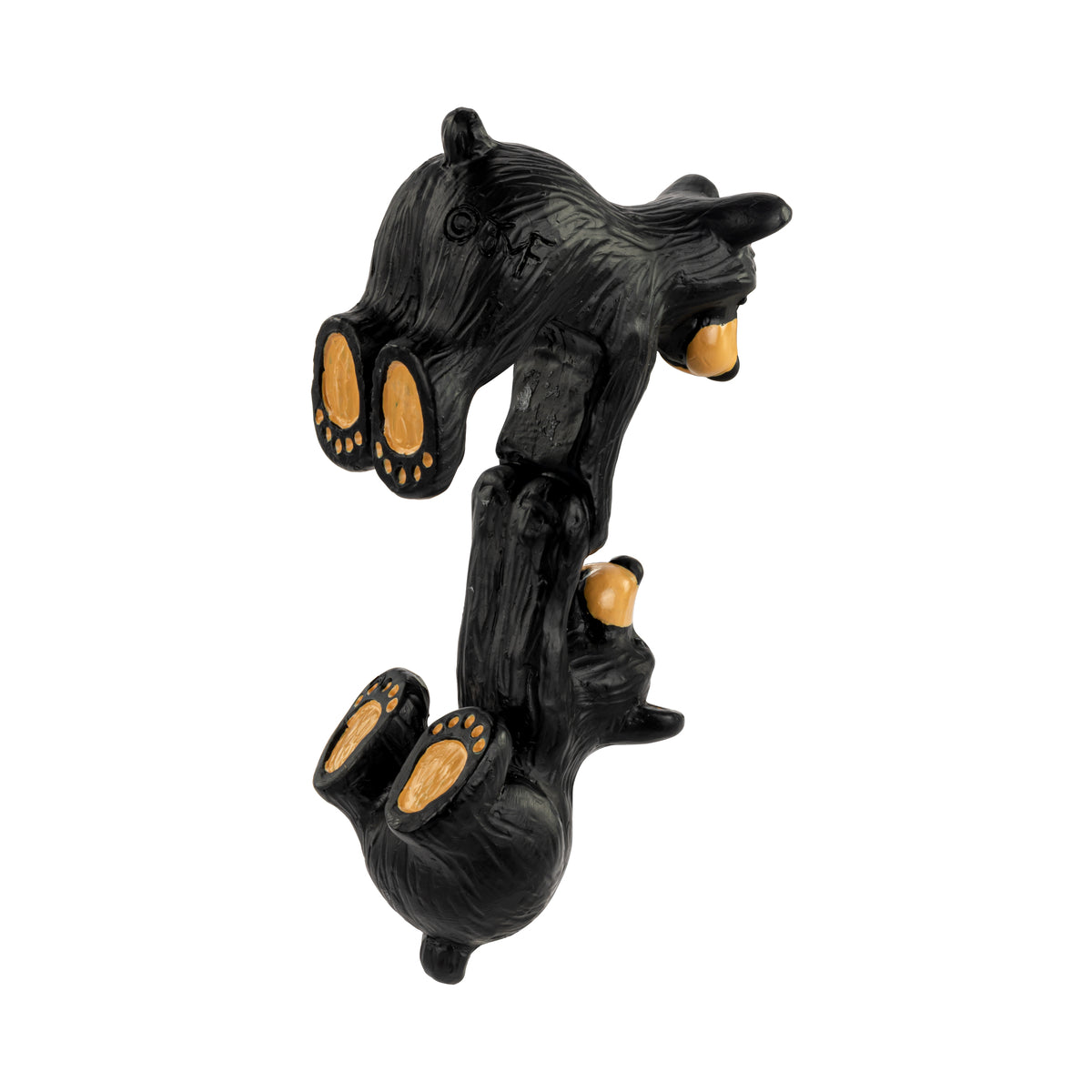 Back side of two black bear figurines hanging together