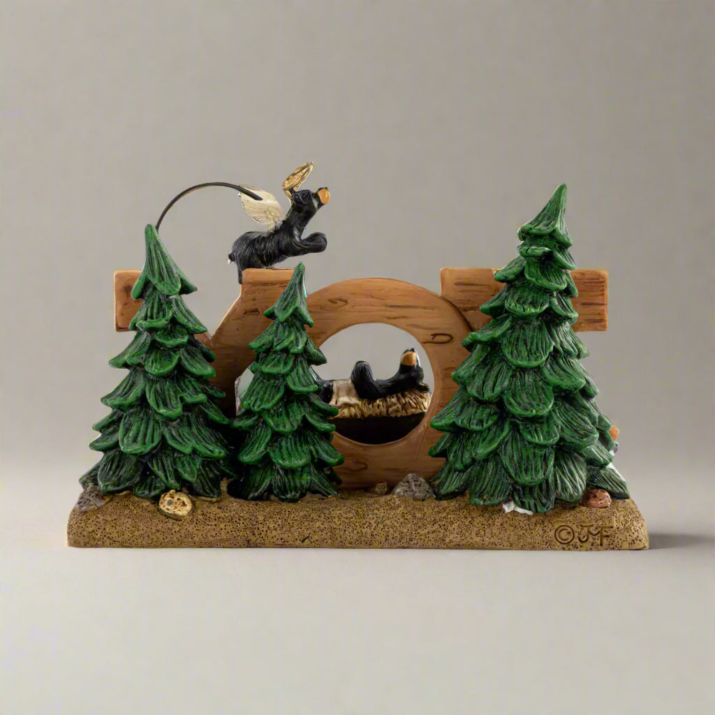 Decorative scene with trees and a wooden arch on a white background