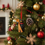 Decorative Christmas tree with ornaments including a bear, skis, and snowflakes.