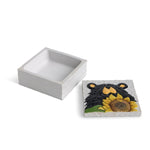 A square decorative storage box with a matching lid. The box is open and shown from the side, revealing a smooth white interior.