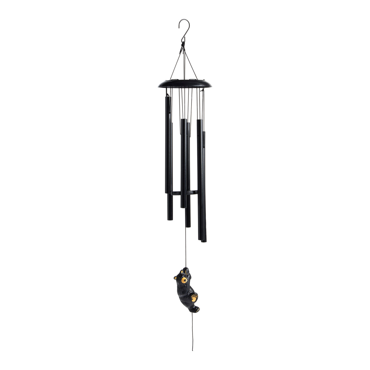 Black metal wind chime with bird design on a white background