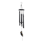Black metal wind chime with bird design on a white background