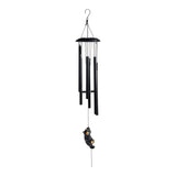 Black metal wind chime with bird design on a white background