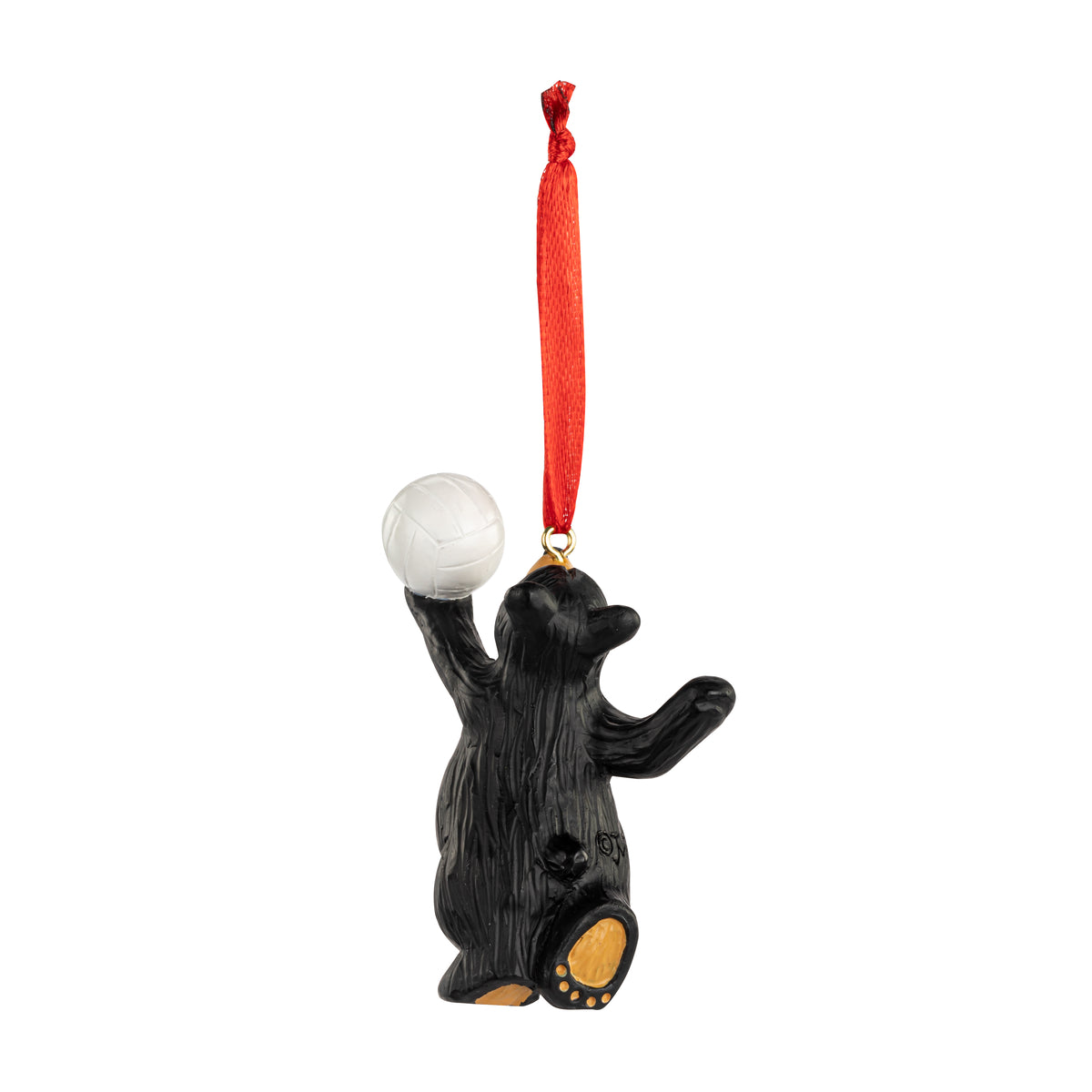 Black bear ornament with a white ball on a red string against a white background
