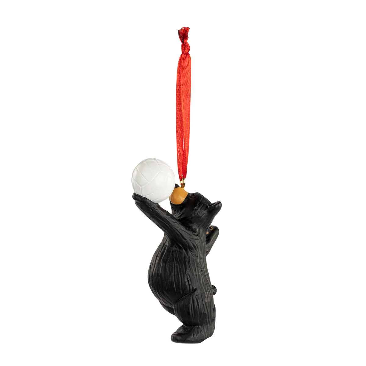 Bear ornament holding a volleyball with a red string on a white background