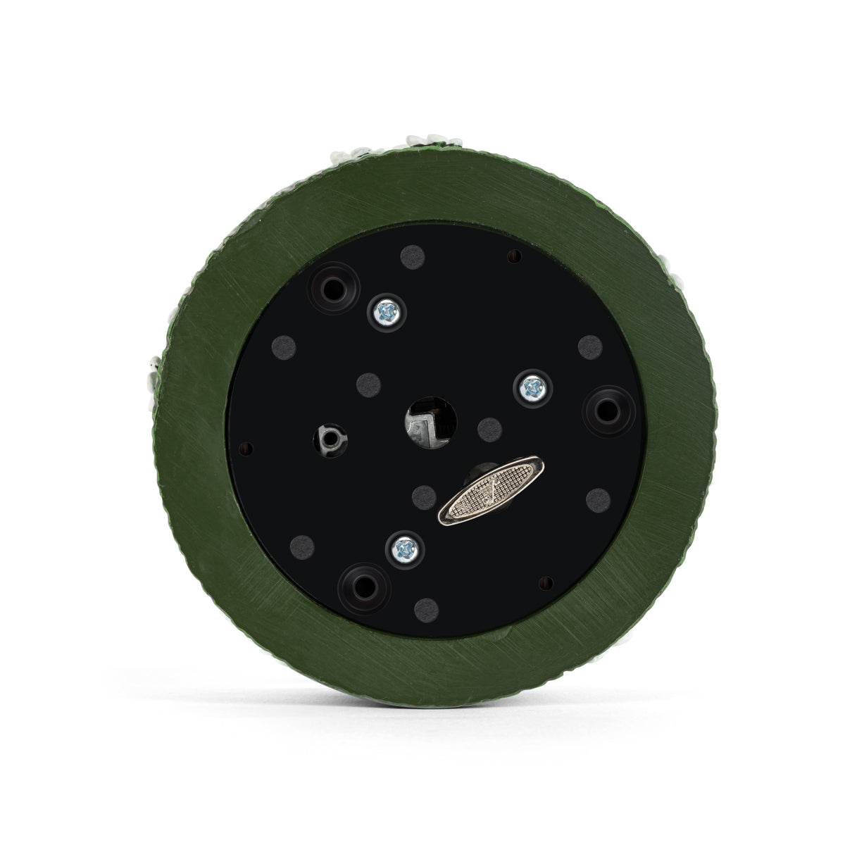 bottom of musical figurine with black center on a white background