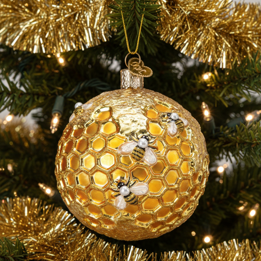 A gold Christmas ornament shaped like a honeycomb ball with three decorative bees and a hanging loop, displayed on a decorated Christmas tree with gold tinsel and warm lights.