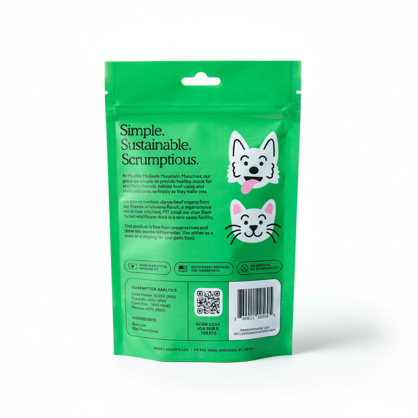 Green pet food packaging with cartoon dog and cat faces on a gray background