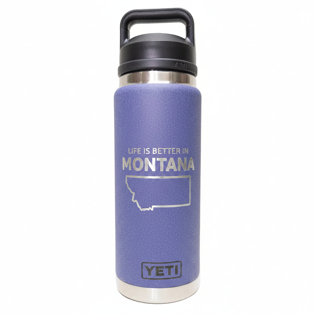 YETI water bottle with purple sleeve and 'Life is Better in Montana' text on a white background