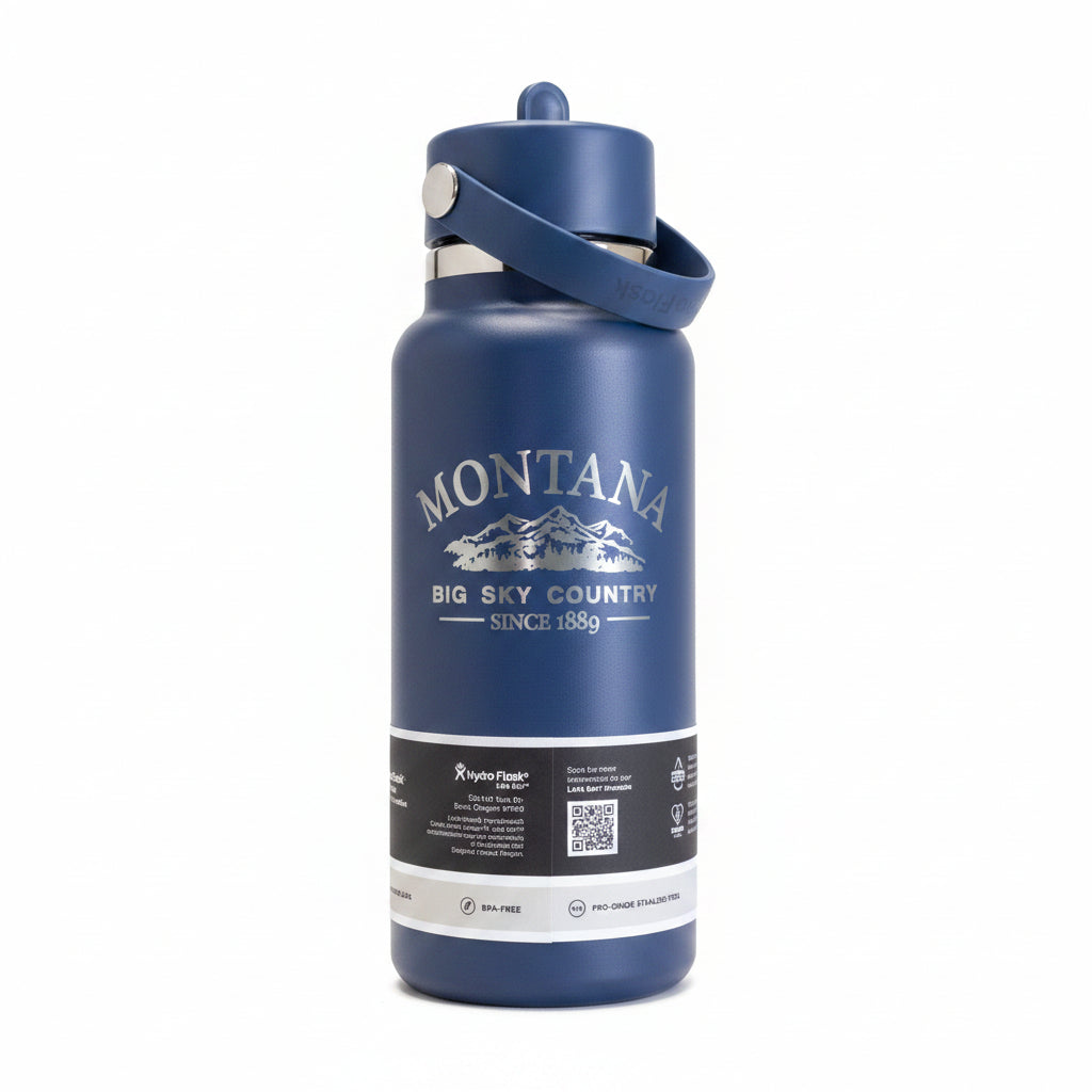 Big Sky Montana Engraved 32 oz Harbor Blue Wide Mouth Tumbler with Flex Straw Cap by Hydro Flask