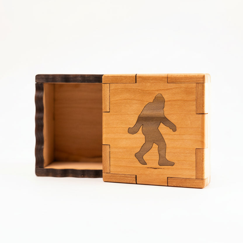 A small rectangular wooden box with beetle kill inlay, featuring a silhouette of a mountain range in the design.