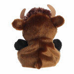 Plush toy bison with brown fur, black hooves, and tan horns on a white background