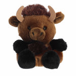 Plush toy bison with brown fur, black hooves, and tan horns on a white background