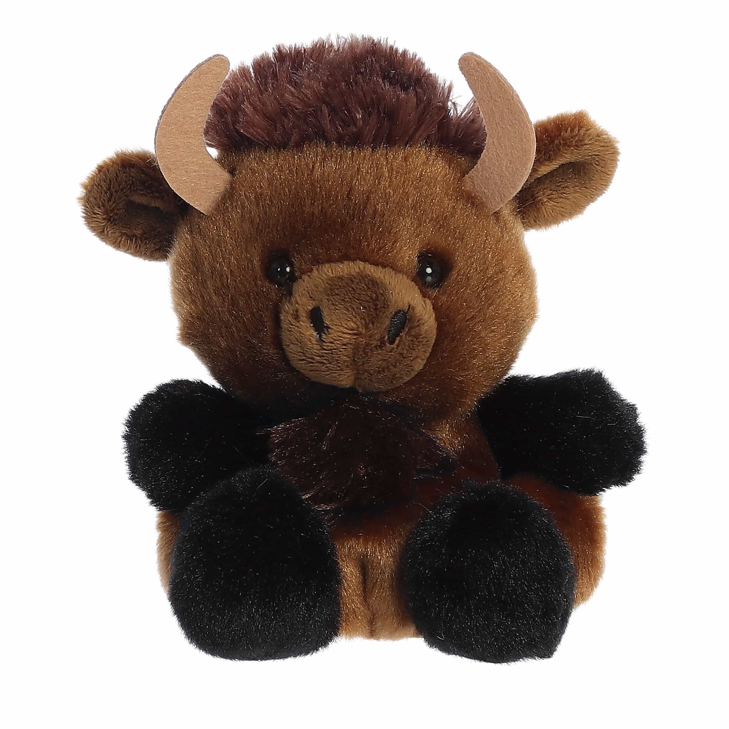 Plush toy bison with brown fur, black hooves, and tan horns on a white background