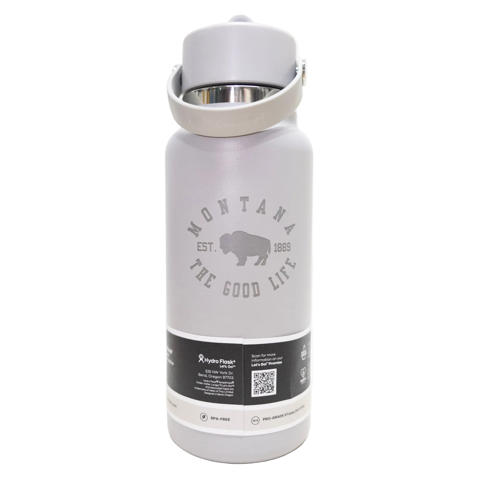 Gray water bottle with 'Montana The Good Life' branding on a white background