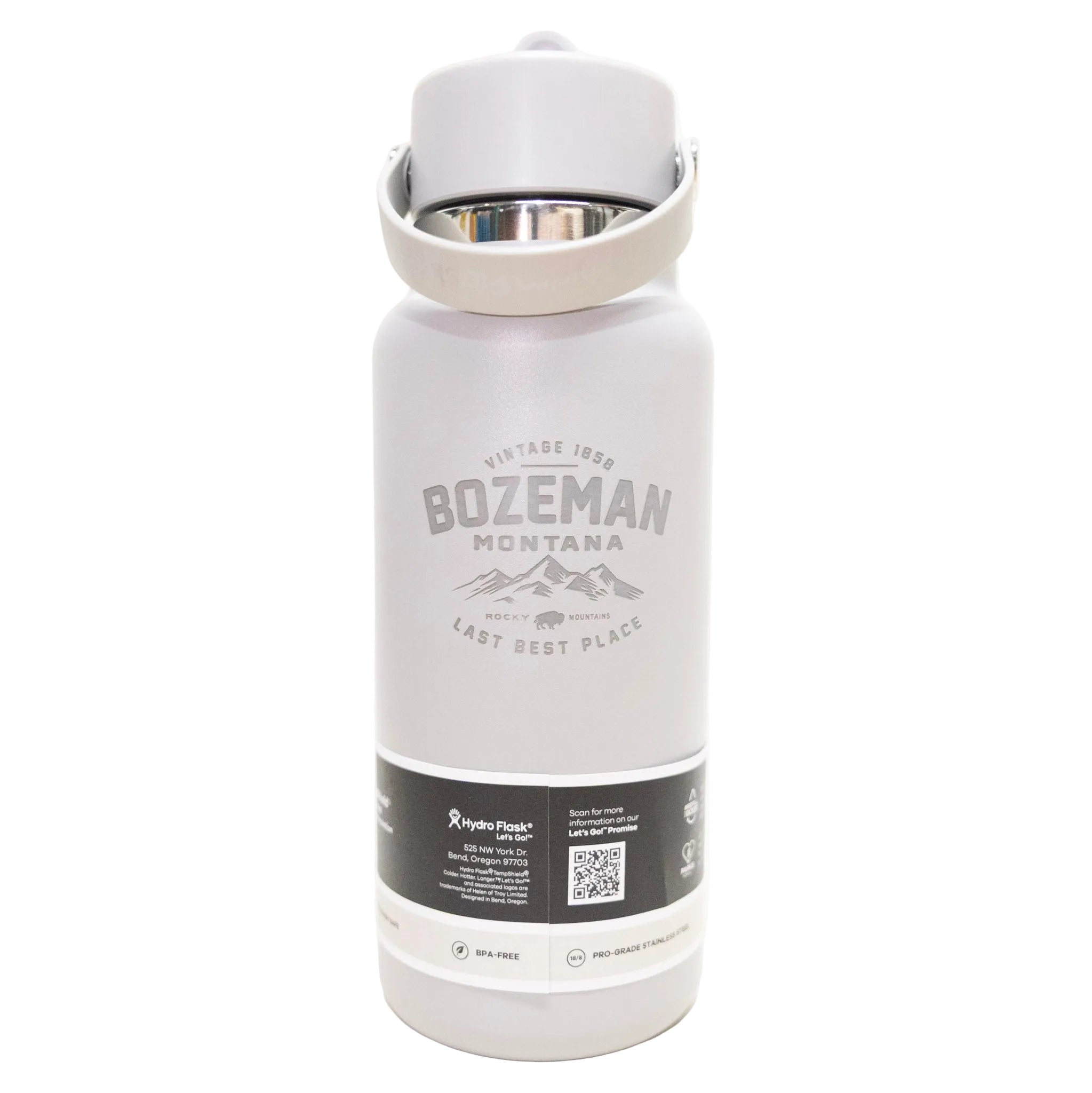 White insulated bottle with 'Bozeman, Montana' text on a white background